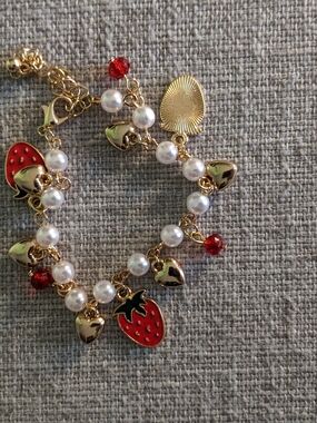 Gold Pearl Strawberry Charm Bracelet - Red Pearls